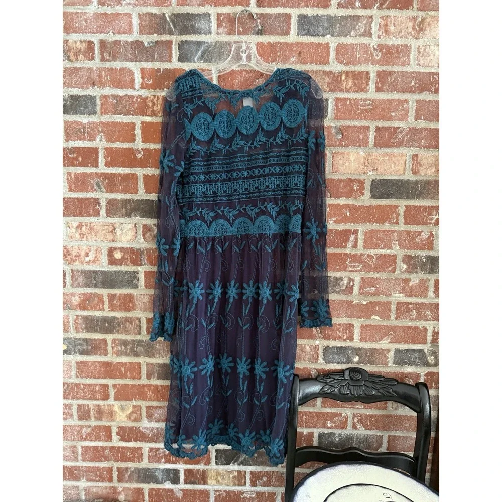 Sundance Midi Dress Small Rhapsody Embroidered Lace Overlay Teal Blue No Liner‎
